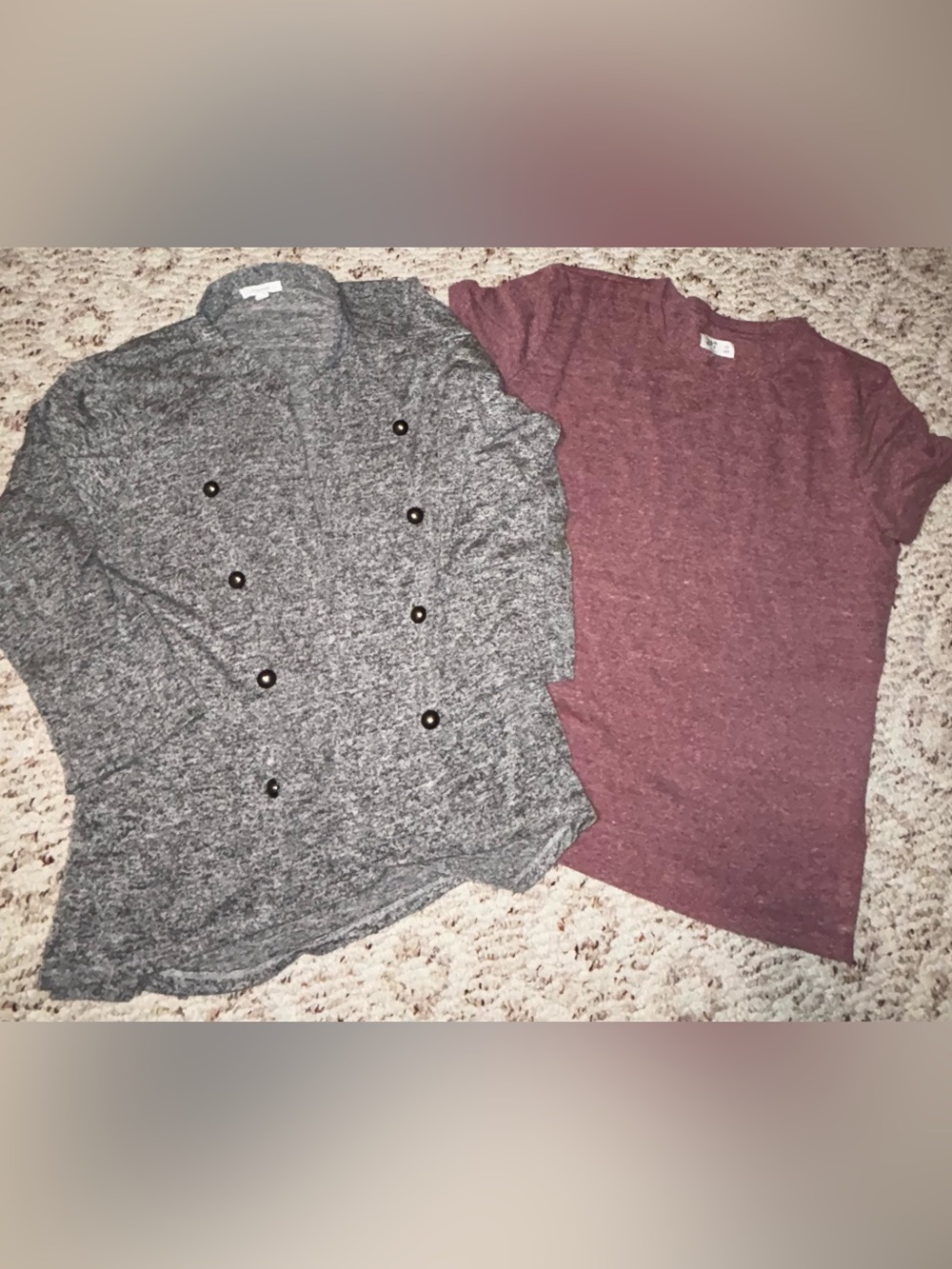 Maurices Gray Double-Breasted Cardigan with Burgundy Tee